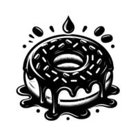 Black White Illustration of a Glazed Donut with Sprinkles, Dripping Icing, and a Single Drop on a White Background. vector