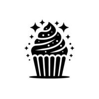 Silhouette of a festive cupcake with swirl frosting and sparkling star elements, displayed on a white background. vector