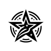 Bold black star with stylized elements and a circular frame, featuring embedded starbursts, on white background. vector