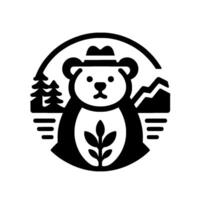 Stylized Black and White Bear with Trees, Mountains, and Leafy Elements, Wearing a Hat, in Circular Composition. vector