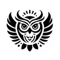 Intricate Black and White Owl with Extended Wings, Elegant Illustration, Isolated Against White Background, Decorative, Symbolic. vector