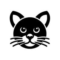 Clean, stylized black and white cat face illustration with a rounded head, expressive eyes, whiskers, and simple ears on a white background. vector