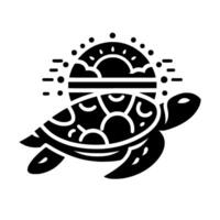 A stylized, black and white illustration of a sea turtle swimming with a rising sun motif above, creating a serene and symbolic . vector