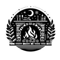 style illustration of a fireplace with burning logs, surrounded by celestial elements like a crescent moon, snowflakes, and stars, suggesting a cozy winter night. vector