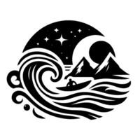 Black and white stylized image of a kayaker in a boat, facing mountains at night with wavy ocean and stars in the sky, enclosed in a circular . vector