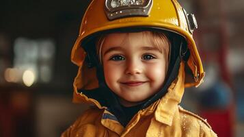 Portrait of a young smiling child dressed in a full firefighter uniform including a yellow helmet and jacket looking at the camera photo