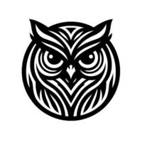 A stark, stylized black and white circular illustration of an owls head, featuring intricate symmetrical patterns. vector