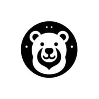 A minimalist black and white featuring a stylized, friendly bear face within a circular frame with dot accents. vector