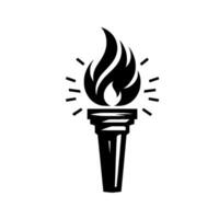 Bold, Black and White of a Torch with a Dynamic Flame, Radiant Burst Emanating Light. Simple, , and Elegant. vector
