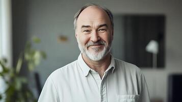 Portrait of a mature man with a friendly smile showcasing a calm and approachable demeanor in a neutral indoor setting photo