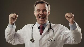 Triumphant doctor wearing a stethoscope and lab coat celebrates with raised fists showcasing success and excitement in healthcare photo
