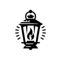 Stylized Black and White Silhouette Illustration of a Lit Lantern with Flame and Light Rays, Isolated on White Background. vector