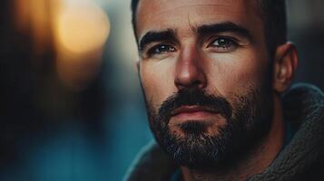 Intense gaze of a man with beard Close-up portrait with blurred bokeh background Expressive face captured in muted tones photo
