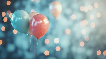 Festive balloons floating in a celebratory atmosphere bathed in soft bokeh lights create a dreamy and whimsical feel for any special event photo