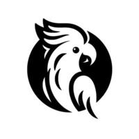 Monochrome Illustration A White Parrots Head and Crest within a Black Circular Frame, Symbolic and Minimalist . vector