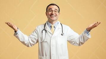 A friendly doctor with a welcoming smile extends his arms in a gesture of openness and positivity ready to assist patients in their care photo