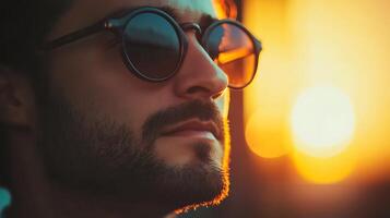 Stylish man gazes into the sunset wearing shades that reflect the fiery glow A picture of modern elegance with a classic touch photo