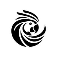 A minimalistic, black and white featuring a stylized parrot head in a circular, swirling composition. vector