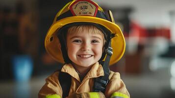 A happy child smiles in a bright yellow helmet and matching firefighter uniform embodying dreams of heroism and public service photo