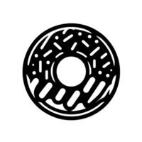 A stylized, monochrome illustration of a glazed donut with sprinkles and icing, featuring a bold black outline against a pure white background. vector