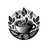 Black and white stylized illustration of a teacup with steam and swirling liquid, surrounded by leaves, set in a circular frame. vector