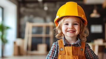 Adorable child dressed as a construction worker smiling brightly in a playful setting embodying safety and future aspirations photo