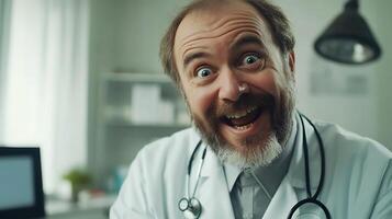 Excited doctor in white coat with stethoscope wide-eyed and smiling in a brightly lit medical setting Expressive and approachable photo