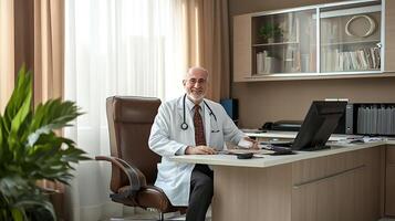 Kind doctor in a well-lit office he is wearing a white coat and smiling while sitting in a desk with computer and office supplies photo