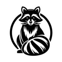 A stylized, minimalist black and white of a raccoon sitting inside a circle, featuring striped tail and distinctive facial markings. vector