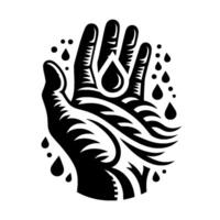 Tribalstyle black and white image of an open hand holding a water droplet, surrounded by falling water drops, symbolizing purity. vector