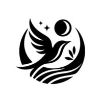 Black and White Illustration of a Dove Soaring Within a Lunar Circle, Adorned with Stars, Waves and Leaves. vector