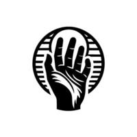 Bold, representation of an open hand, set against a striped circle, minimalist and striking. vector