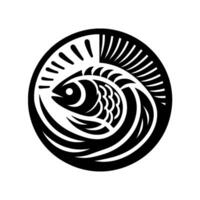 Intricate Black and White Paper Cut Illustration of a Fish Swimming Within a Circle, Showcasing Artistic Symmetry and Negative Space. vector