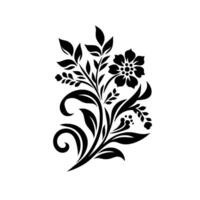Elegant Black Floral Featuring a Stylized Flower, Leaves, Berries, and Swirls on a Pure White Background, Creating a Classic and Timeless Aesthetic. vector