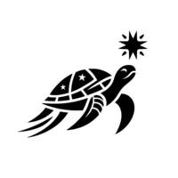 Black and white stylized sea turtle with starpatterned shell, looking towards a decorative sunburst on a white background, evoking a sense of serenity and nature. vector