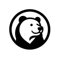 A stylized, minimalist black and white featuring a friendly bear head enclosed within a circular frame. The bear has a playful, smiling expression. vector