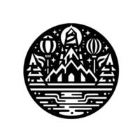 Abstract black and white circular illustration of a mountain village scene with lanterns, trees, stars, and a striped lighthouse on a moonlit night. vector