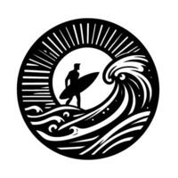 Silhouetted Surfer Standing on Waves, Holding Surfboard, Within a Circular Frame with Sun Rays and Dynamic Wave Crest, a Modern . vector