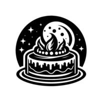 A celestial cake set against a cosmic background, features a layered dessert with leaves on top, stars and moon accents in a clean, minimalist style. vector