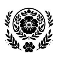 Intricate black and white floral crest with a large central bloom, surrounded by a wreath and other floral elements, elegant and symmetrical. vector