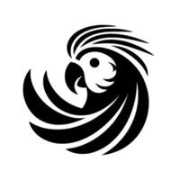Black and white minimalist parrot featuring a stylized of a birds head, crest, and curved wings on a plain white background. vector
