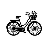 Minimalist Black and White Illustration of a Classic Bicycle with a Basket of Greenery, Evoking a Sense of EcoFriendliness and Nature. vector