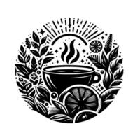 art of a steaming teacup inside a round floral and citrus wreath, a cozy, botanical black and white image. vector