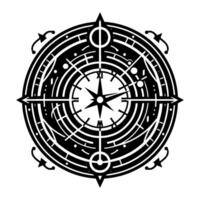 Intricate black and white circular illustration of an esoteric compass with starshaped center, arrows, and stylized details. vector