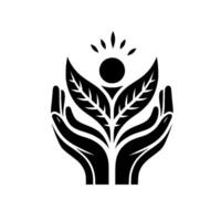 Black White Emblem of Human Form Foliage Held in Hands, Depicting Growth, Nurturing, and Balance. vector