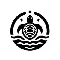 Black and white minimalist features a sea turtle floating in wavy ocean below a circular frame with stars. vector