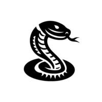 Minimalist Black Cobra Snake Silhouette with Raised Head, Fangs, and Circular Base on White Background. vector