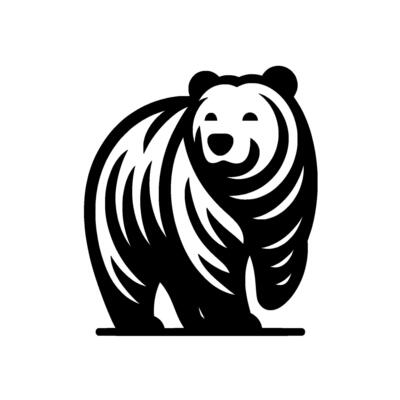 Minimalist Black and White Bear Illustration A stylized, friendlylooking bear silhouette with striped fur pattern, standing on a flat base, conveying warmth.