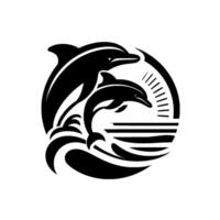 Stylized Black and White Dolphin Two playful dolphins leaping from stylized waves, within a circle motif with sunburst, evoking joy and marine life. vector