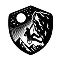 ShieldShaped Emblem A Climber Silhouetted Against a Starry Night Sky and Mountain Peaks, Representing Adventure and Perseverance. vector